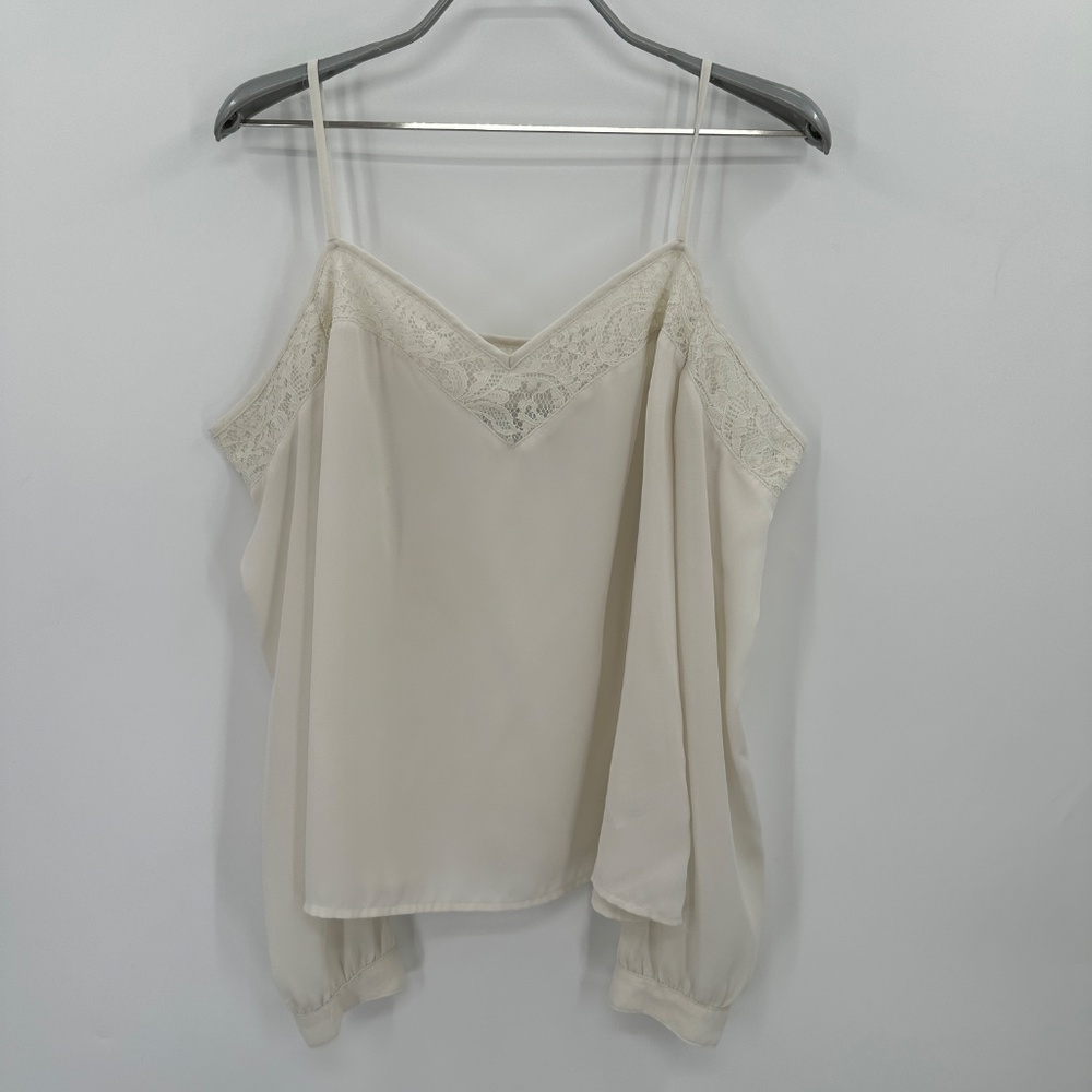 Express Chiffon Off-the-Shoulder Blouse sz S Womens Long Sleeve V-Neck Lace Trim